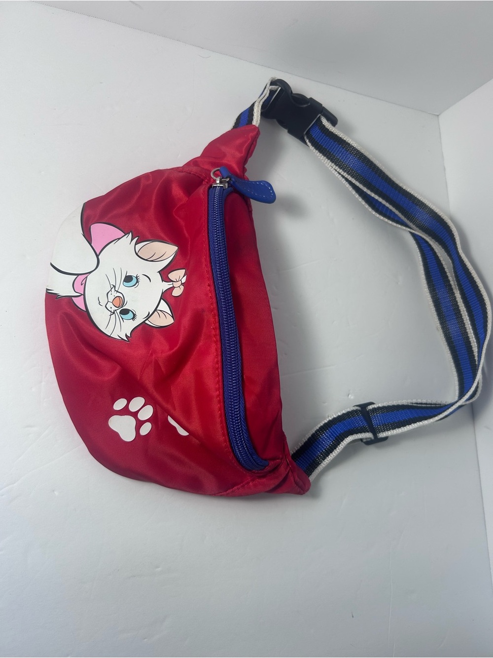Disney Red Waist Bag with White Cat Graphic and Blue Zipper